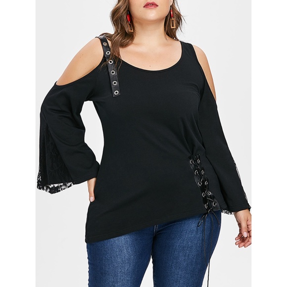 Plus Size Faux Leather Strap Goth Punk Lace Up Tee - Picture 1 of 8